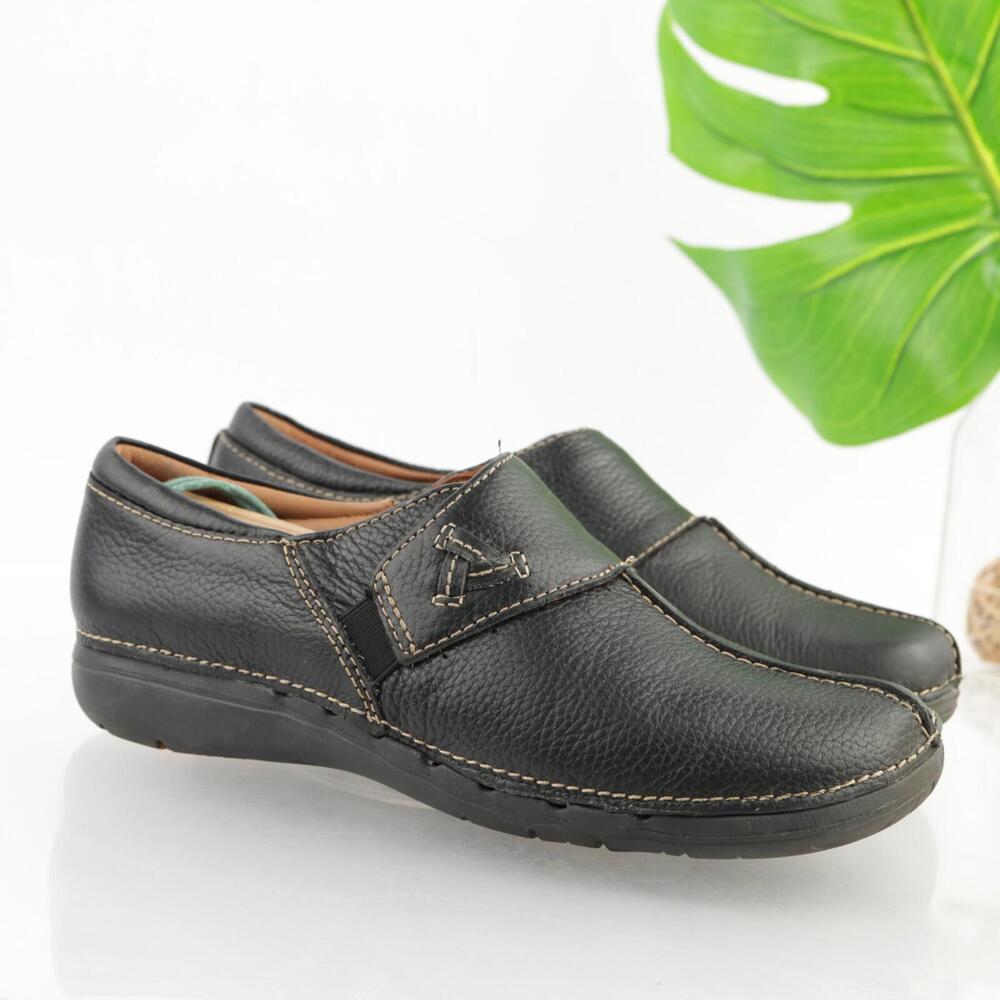 Clarks Womens Un Loop Stride Loafer Size 8 Black Leather Slip On Flat Comfy Shoe